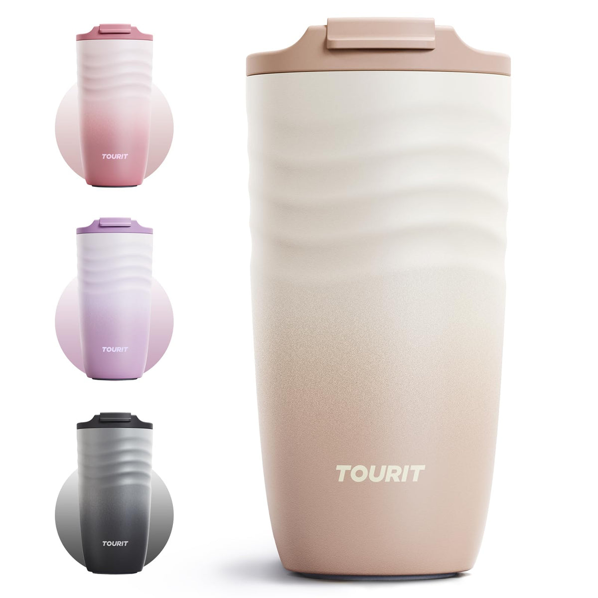 Tourit 16oz travel mug insulated design keeps drinks hot for hours.
