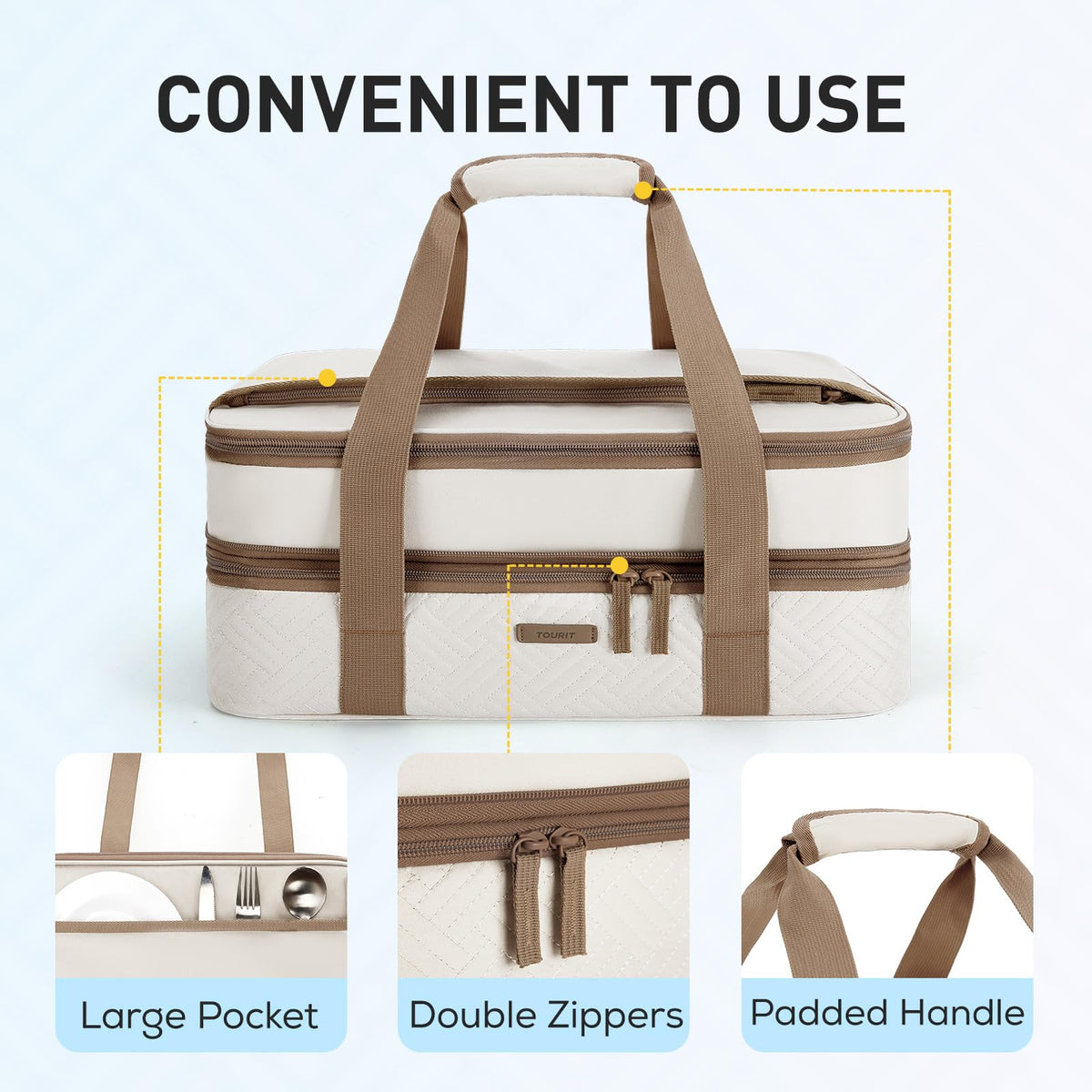 Tourit casserole carrier top pocket stores utensils and small serving tools.