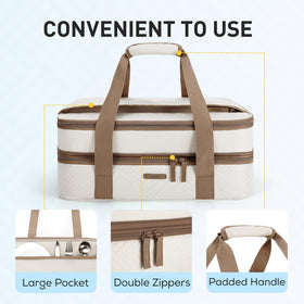 Tourit casserole carrier top pocket stores utensils and small serving tools.