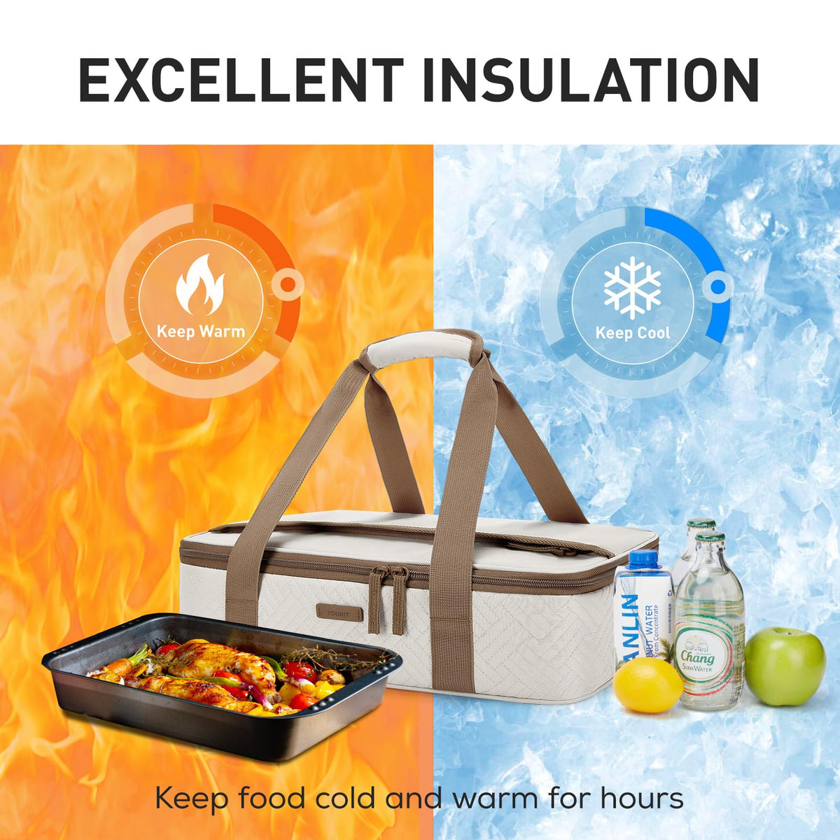 TOURIT insulated casserole carrier dimensions reveal ample space for 9x13 dishes.