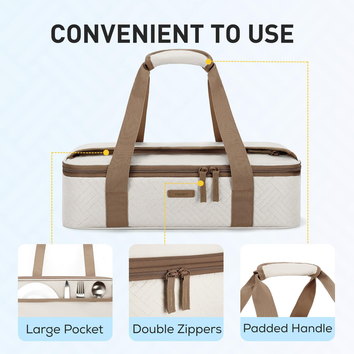 TOURIT insulated casserole carrier leakproof inner keeps contents clean and spill-free.