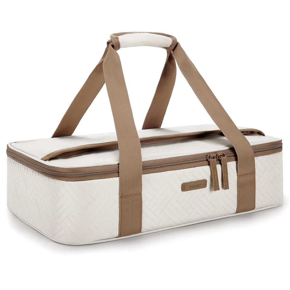 TOURIT insulated casserole carrier shows its liner insulation for hot or cold dishes.