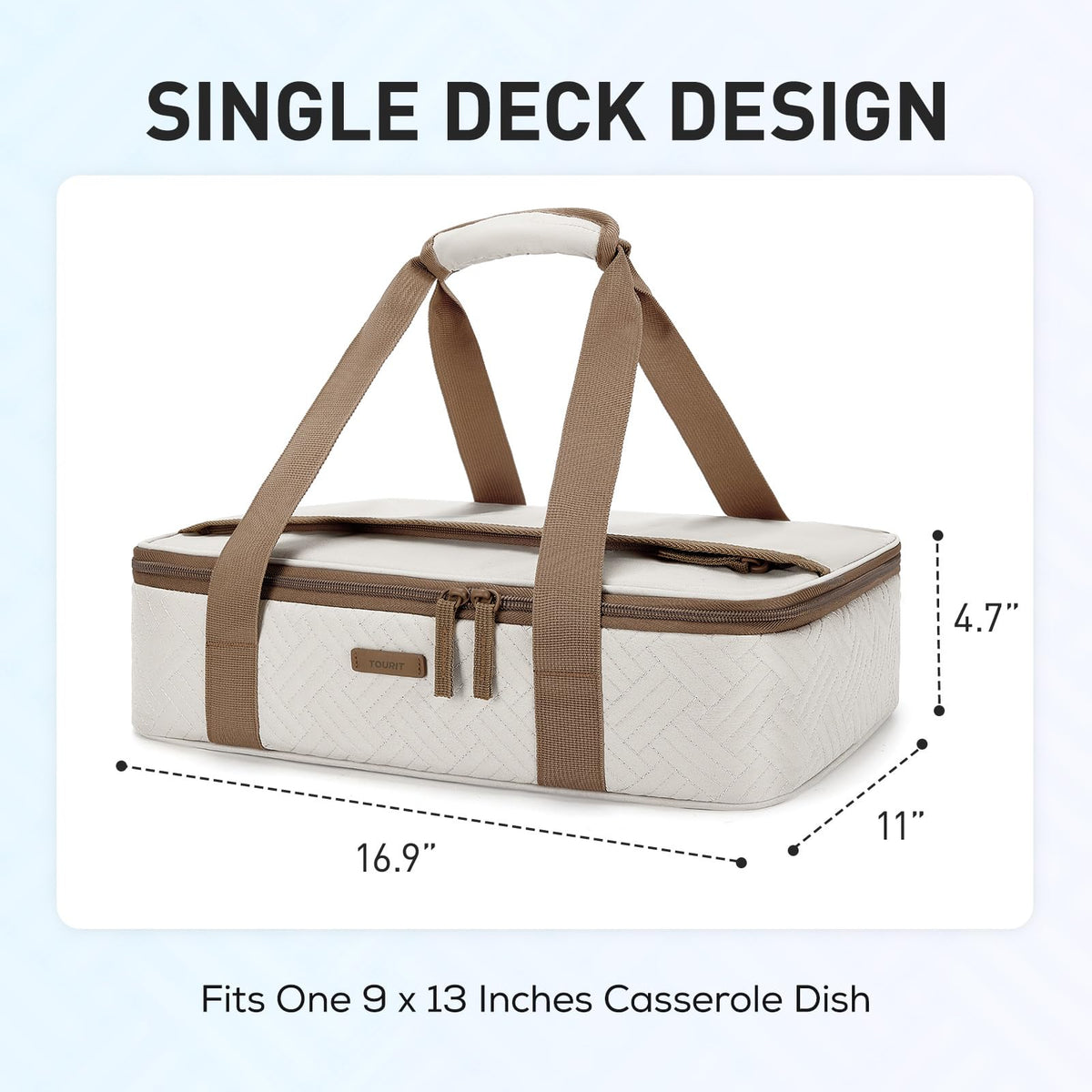 TOURIT insulated casserole carrier top pocket demonstrates easy utensil storage during meals.
