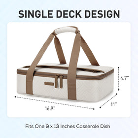 TOURIT insulated casserole carrier top pocket demonstrates easy utensil storage during meals.