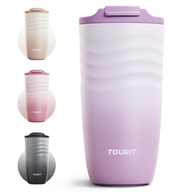 TOURIT Lilac 16 oz travel mug showcasing vibrant color and ergonomic grip for daily coffee.