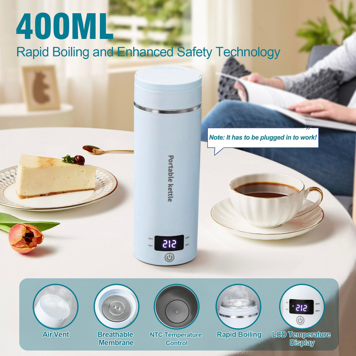 Touxila blue kettle LCD display shows temperature presets for easy brewing.