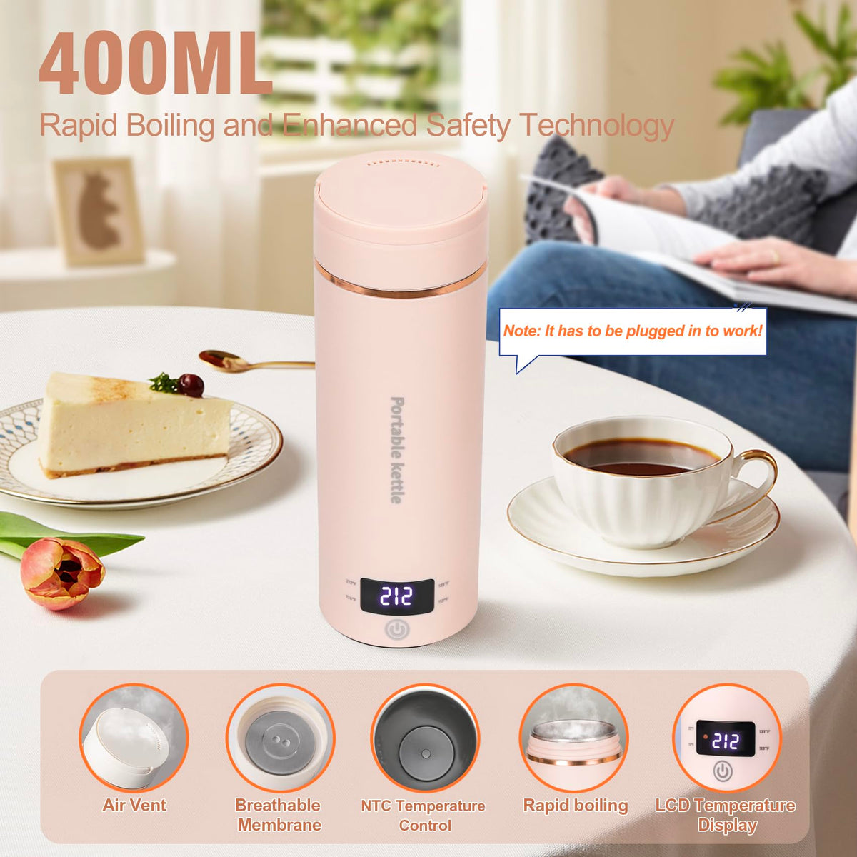 Touxila travel kettle LCD display shows temperature for quick brewing.