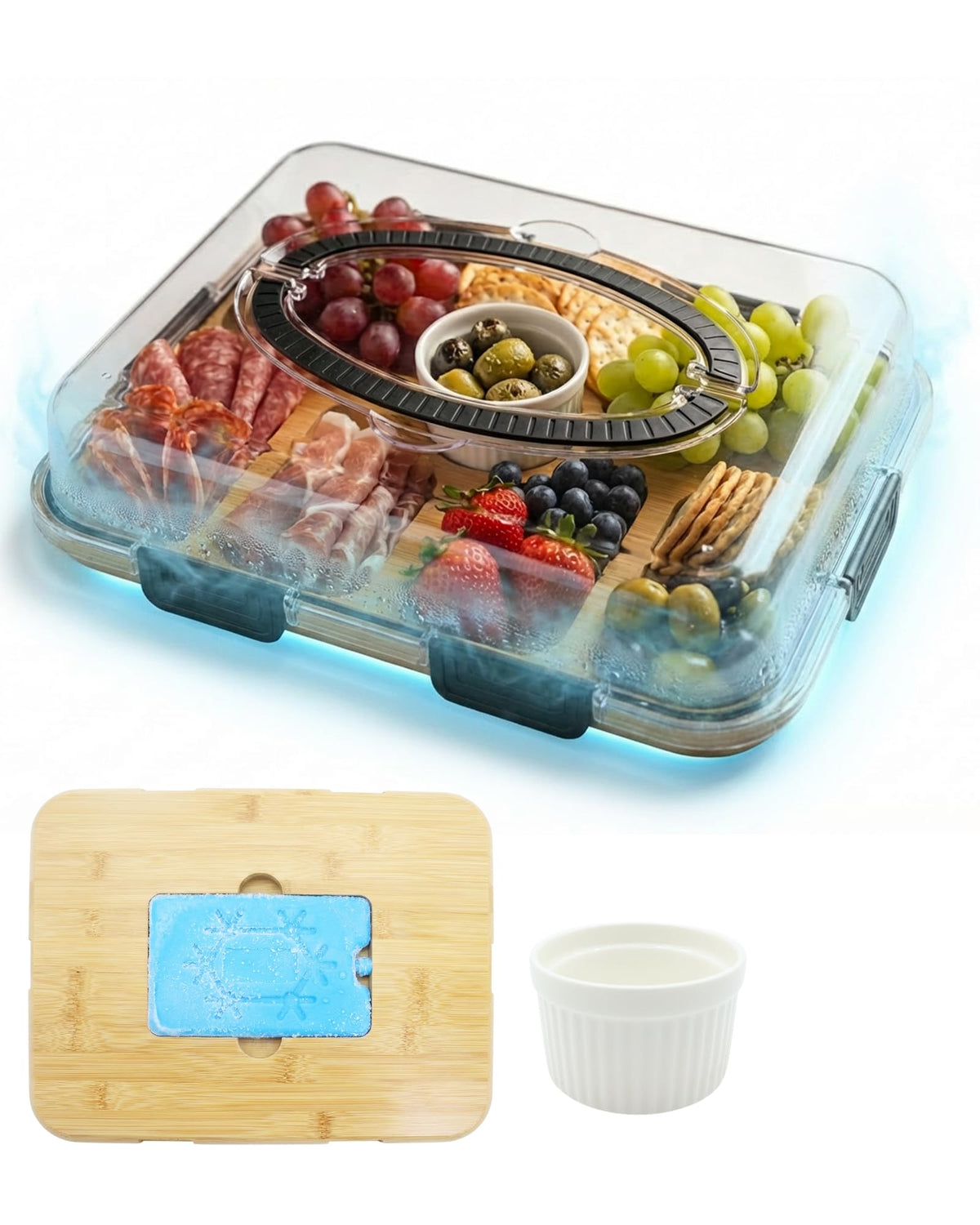 TOVICE charcuterie board lid and ice slot preserves freshness for outdoor gatherings.