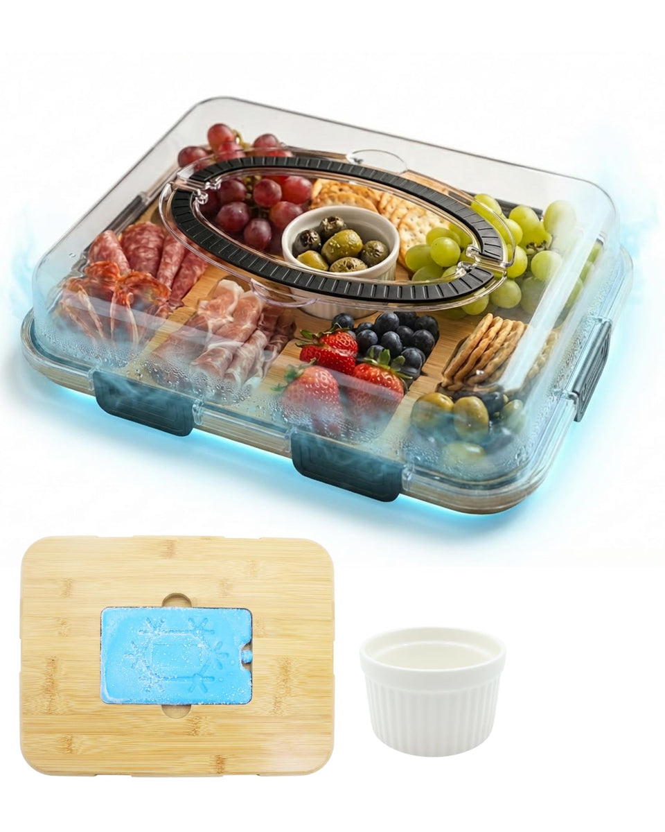 TOVICE charcuterie board lid and ice slot preserves freshness for outdoor gatherings.