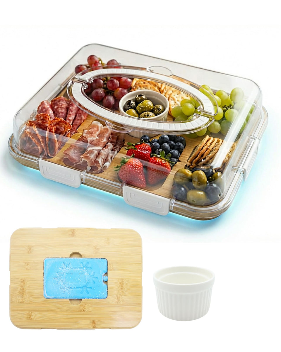 TOVICE charcuterie board with lid and ice slot keeps selections fresh during gatherings.
