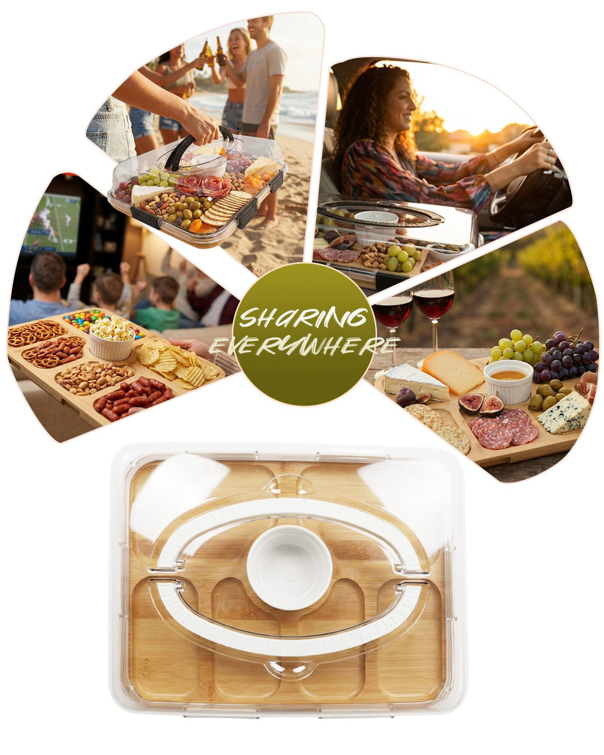 TOVICE board's seven compartments organize cheeses, fruits, and nuts beautifully.