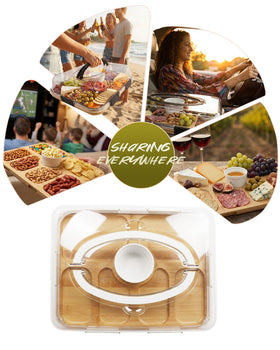 TOVICE board's seven compartments organize cheeses, fruits, and nuts beautifully.