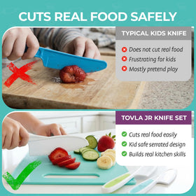 Tovla Jr knife in bowl cutting fruits and veggies during kid-friendly prep.