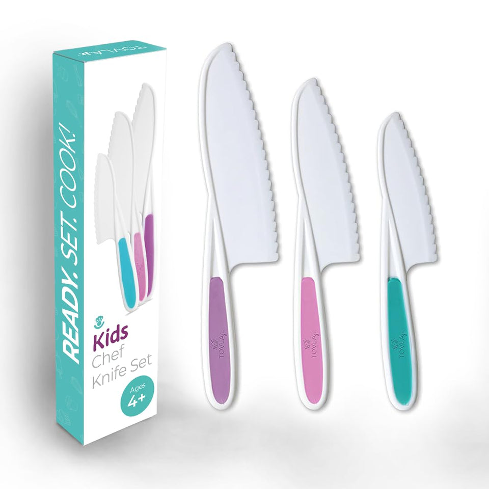 Tovla Jr kid-safe knife set pack shot showing the three tools for beginners.
