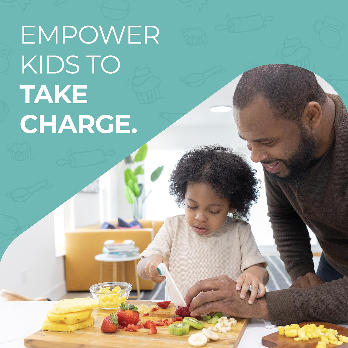 TOVLA JR. colorful kit encourages participation during family cooking and meals.