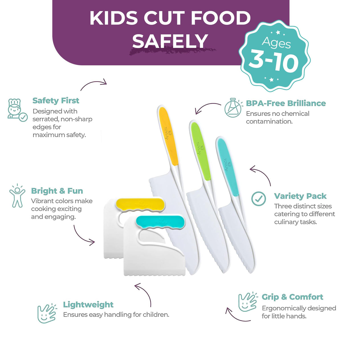 TOVLA JR. safe grip handles provide secure, comfortable cutting for little hands.
