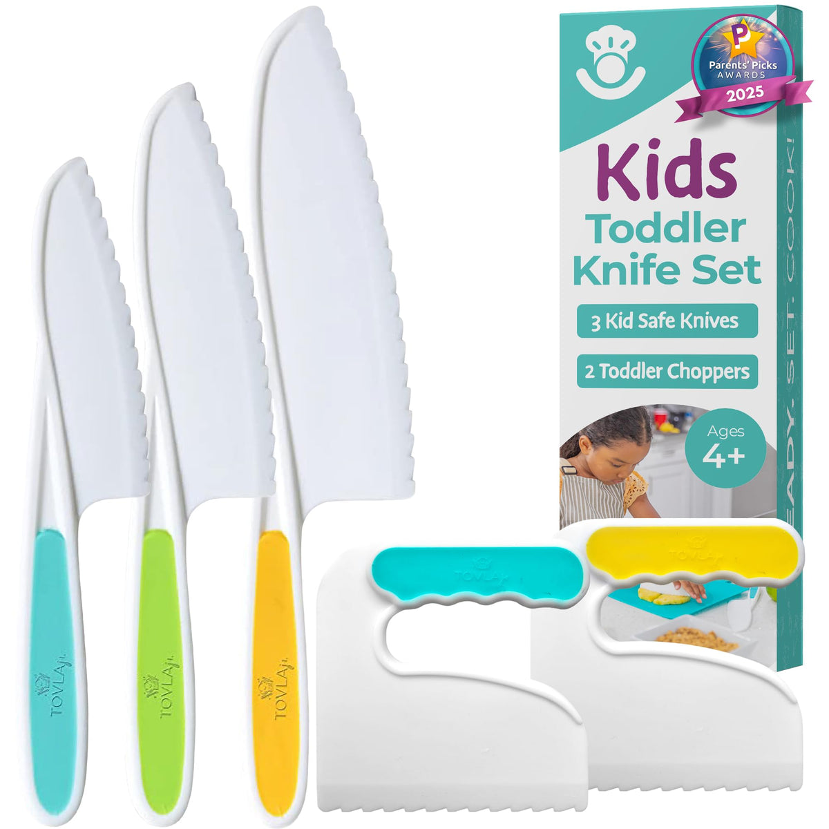 TOVLA JR. kids cutting set with three colorful knives for safe, confident cooking.