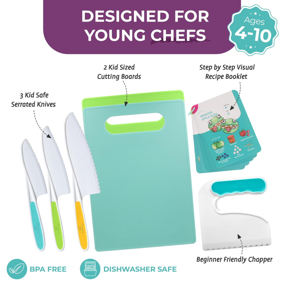 Tovla Jr kid-sized cutting boards facilitate independent prep.