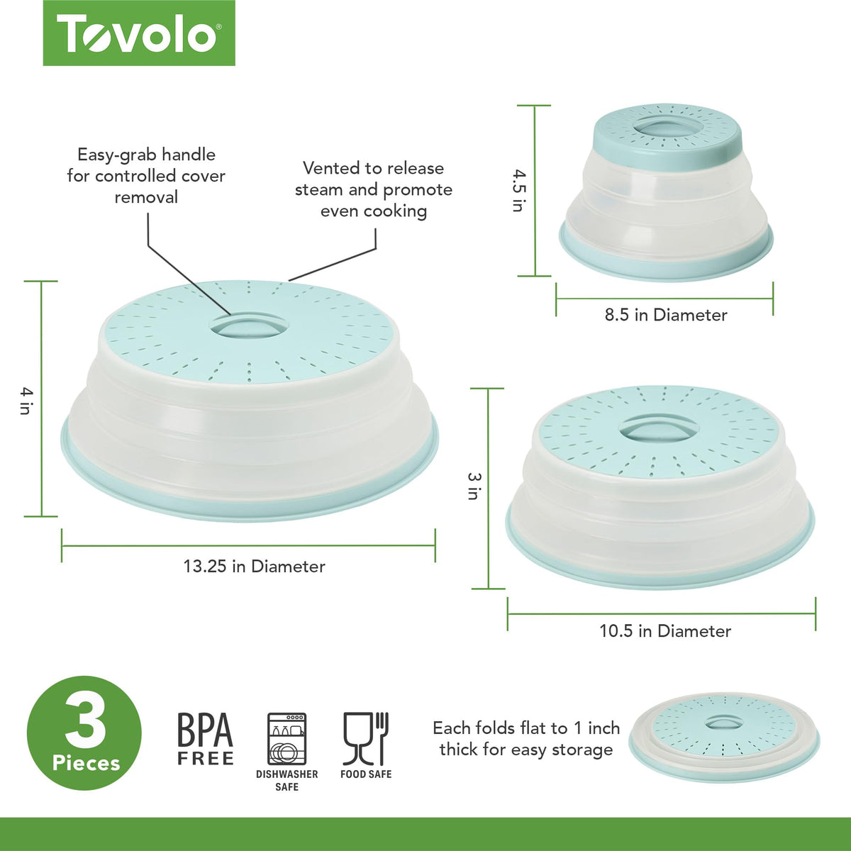 Tovolo 3-piece silicone microwave splatter lids in blue haze; collapsible design saves cabinet space