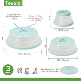 Tovolo 3-piece silicone microwave splatter lids in blue haze; collapsible design saves cabinet space