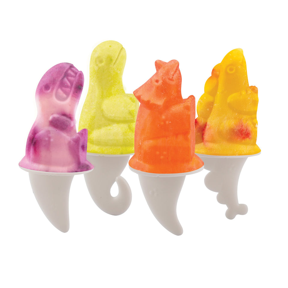Tovolo Dino Ice Pop Molds show four dinosaur designs for fun, healthy frozen treats.