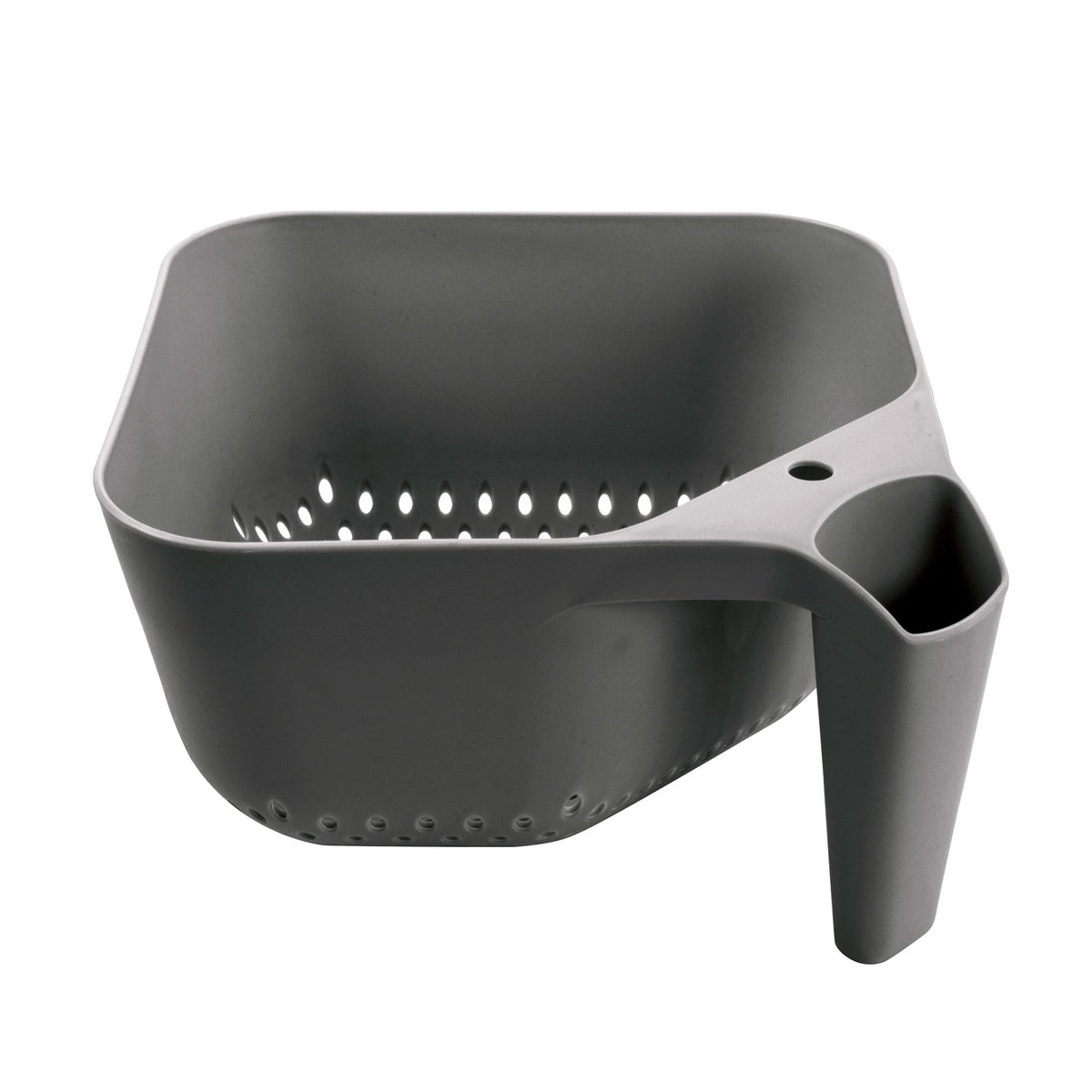 Tovolo Elements square colander with handle and pour spout for controlled draining.