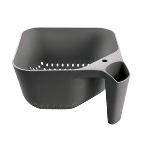 Tovolo Elements square colander with handle and pour spout for controlled draining.