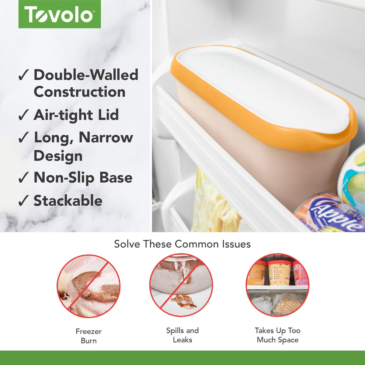Tovolo insulated double-wall container preserves texture and prevents freezer burn.
