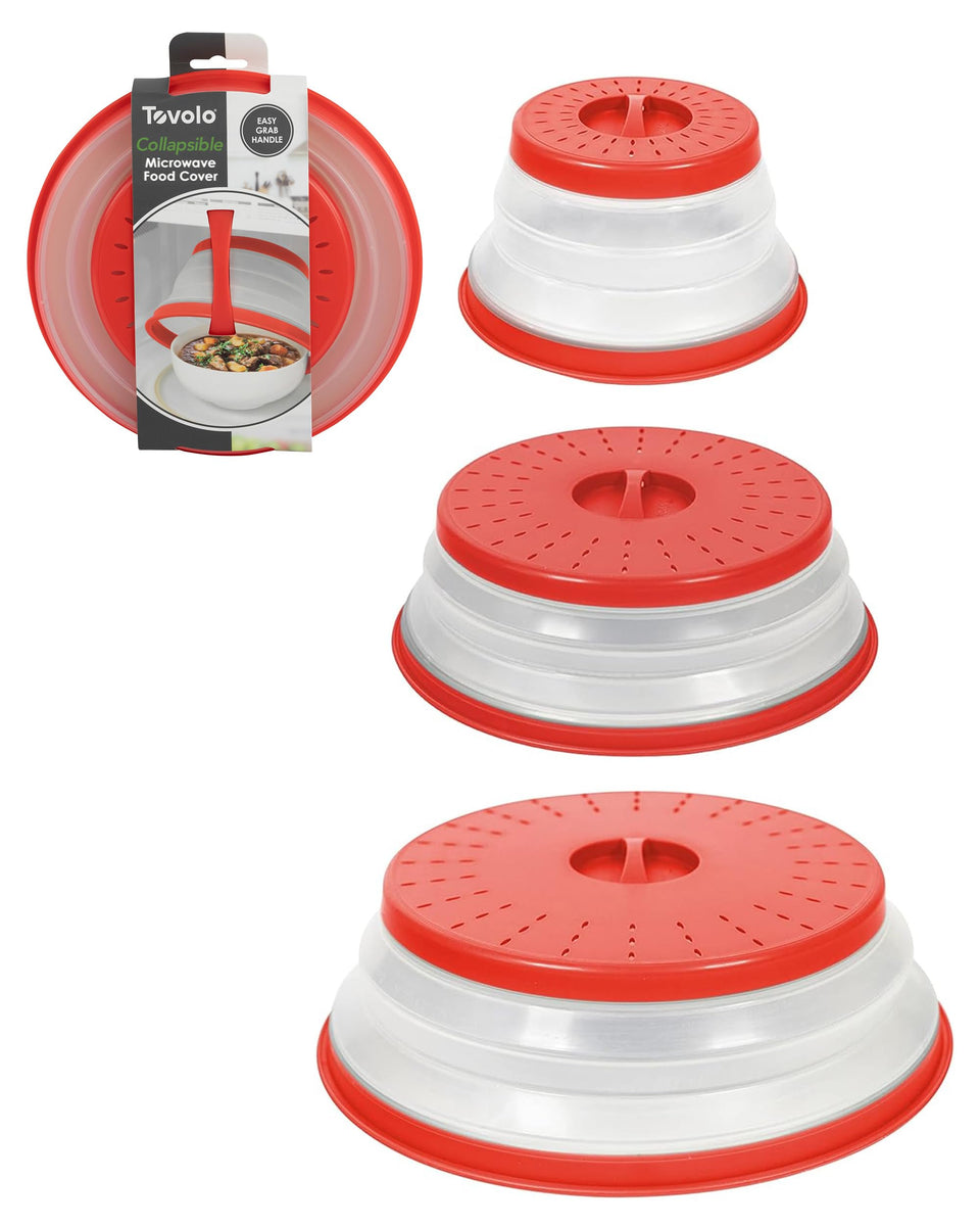 Tovolo microwave splatter cover 3-pack candy apple red protecting surfaces while reheating.