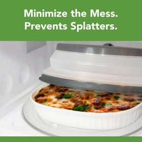 Tovolo large charcoal collapsible microwave splatter cover shown collapsed for compact storage.