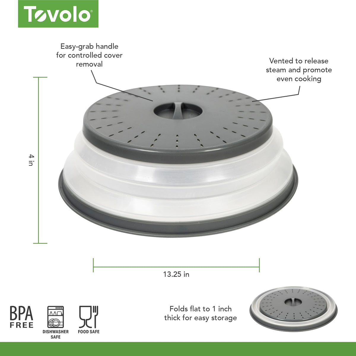 Tovolo large charcoal in-use cover over tall casserole in microwave.
