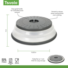 Tovolo large charcoal in-use cover over tall casserole in microwave.