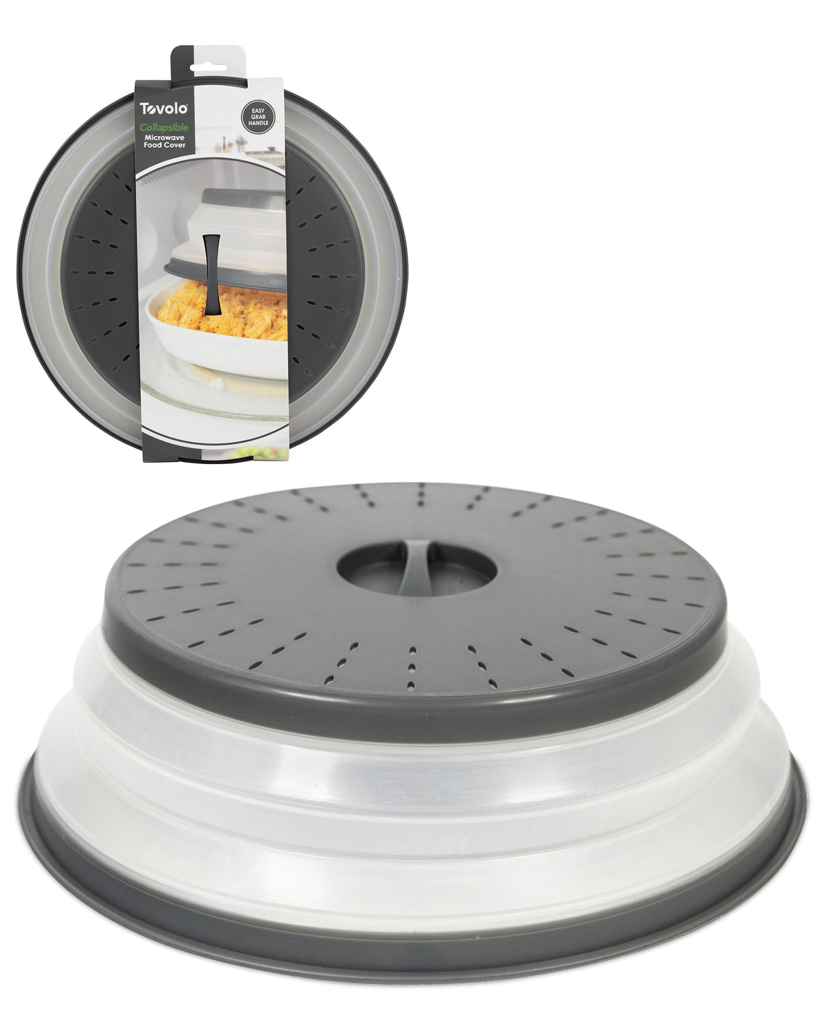 Tovolo large charcoal microwave splatter cover opened over a tall dish to keep the microwave clean.