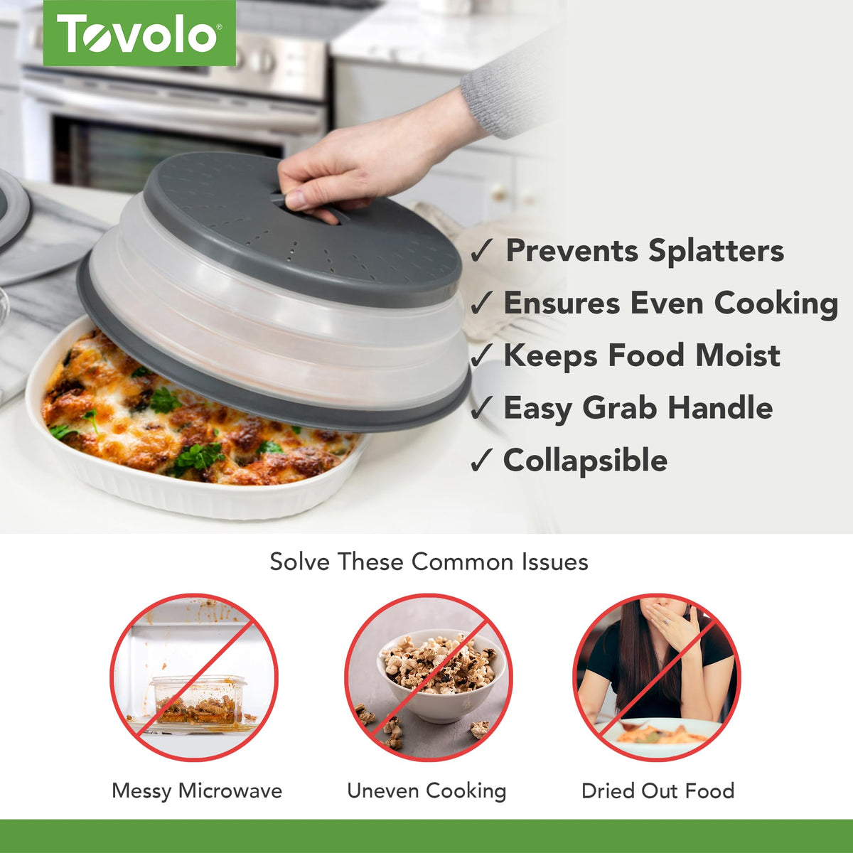 Tovolo large charcoal vented lid releasing steam during reheating.