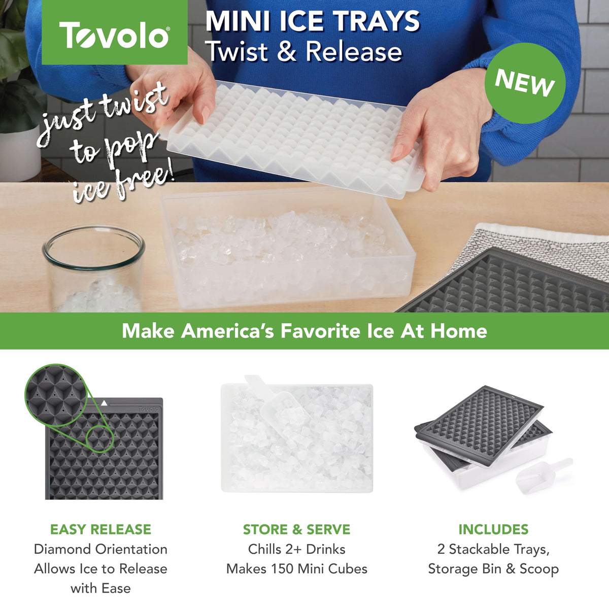 Tovolo nugget ice trays with storage bin help keep freezer organized.