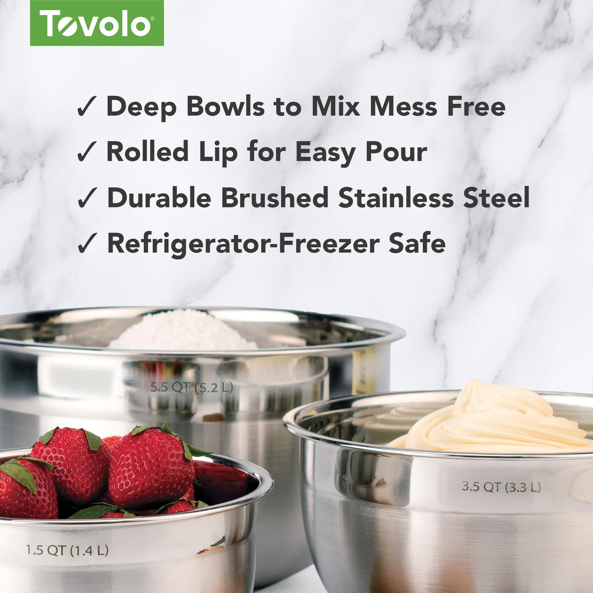Tovolo rounded lip for easy pouring reduces drips during batter transfer.