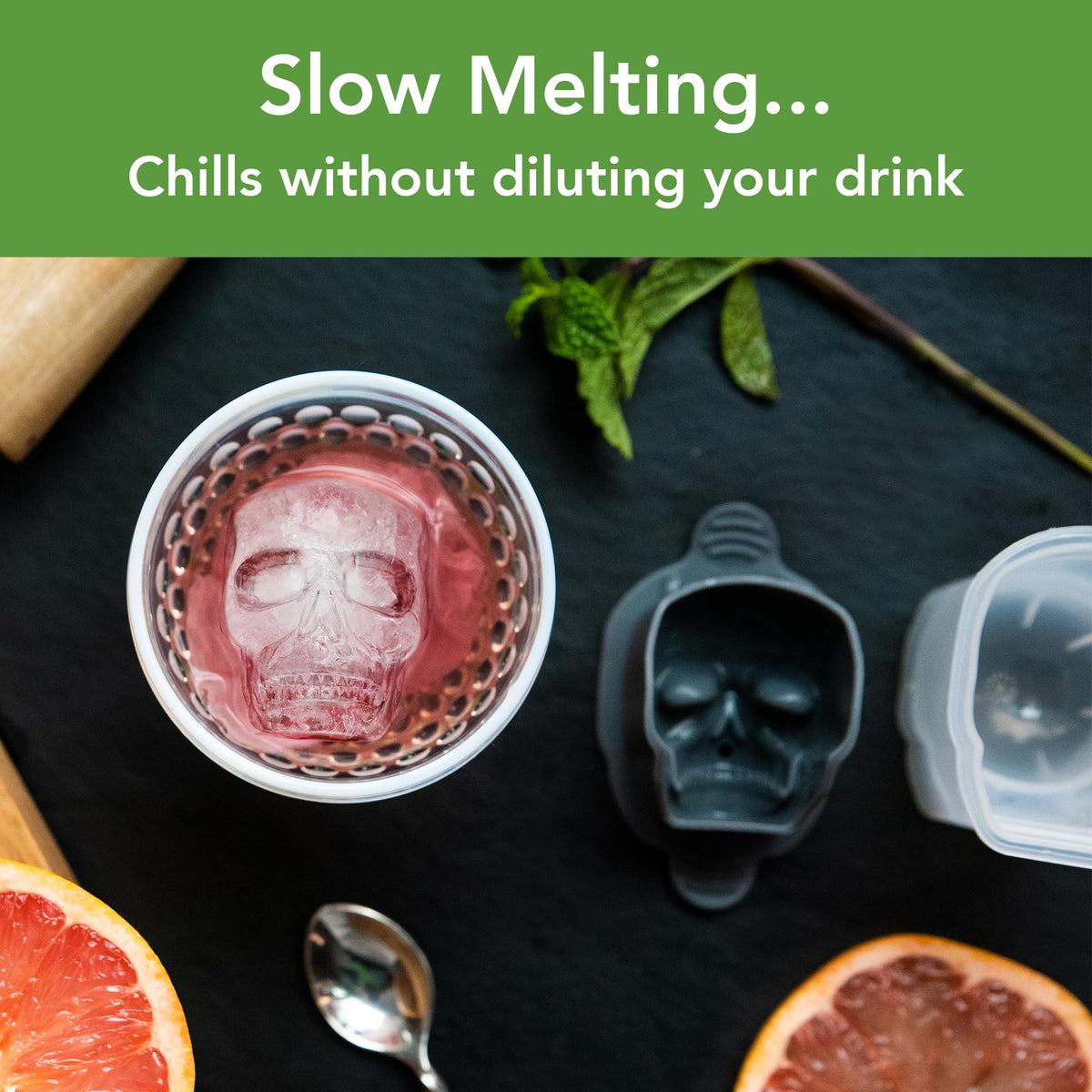 Tovolo Skull Ice Mold 2-pack with lids shown for leak-proof storage