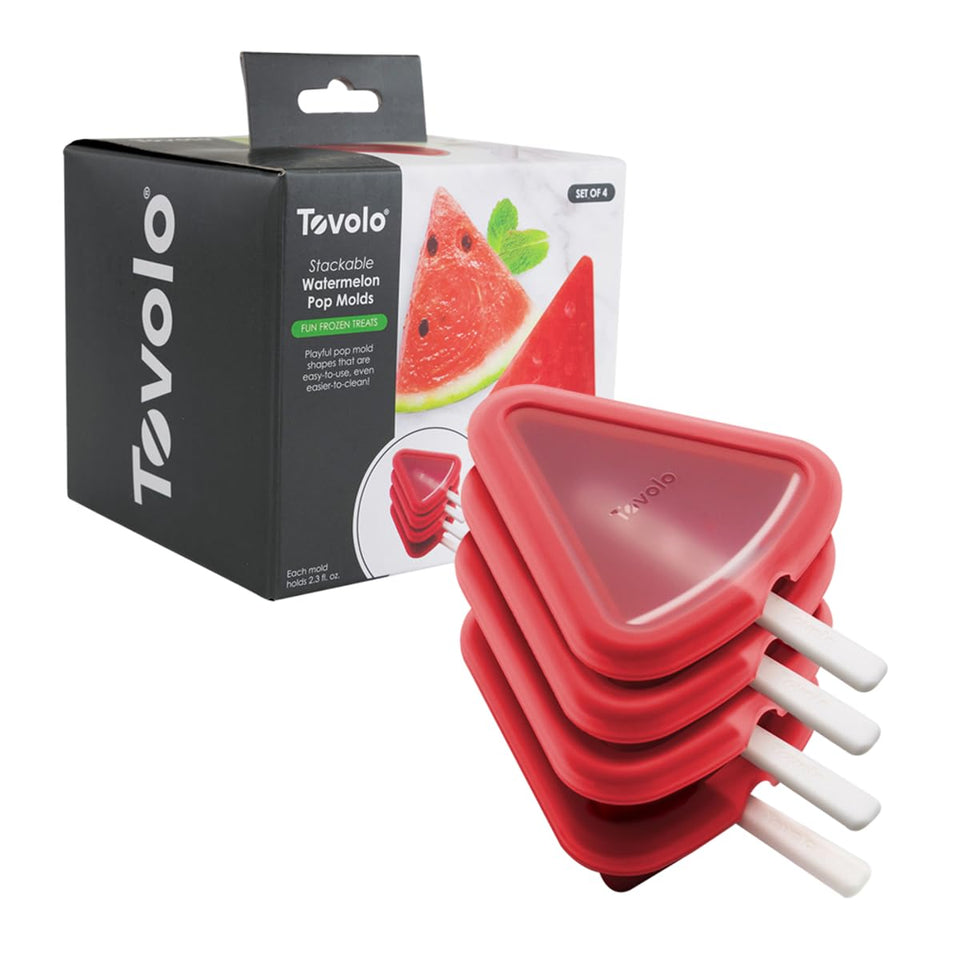 Tovolo Watermelon Popsicle Mold stackable four-pack for space-saving freezer storage.