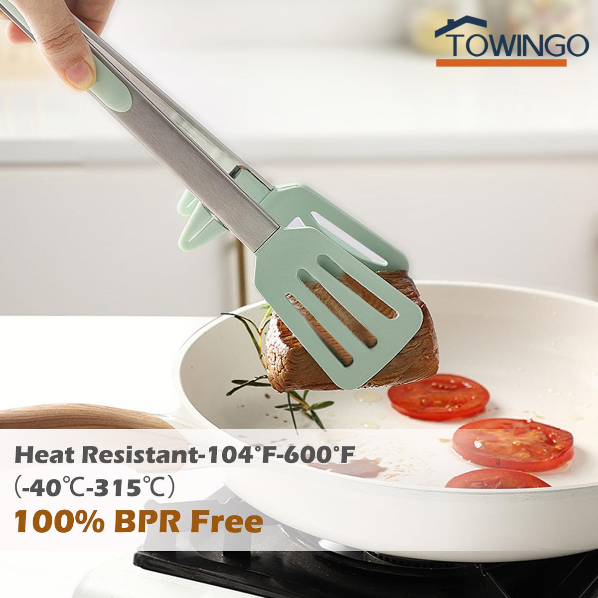 TOWINGO kickstand keeps tongs off the counter
