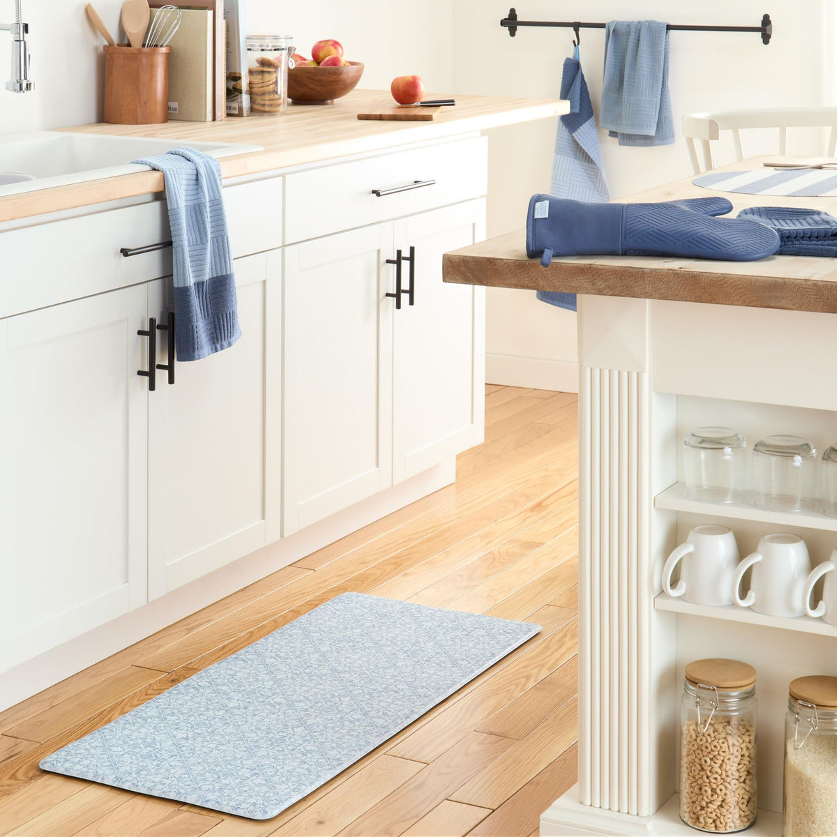 Town & Country Basics basketweave towel blue with hanging loop visible for air drying.