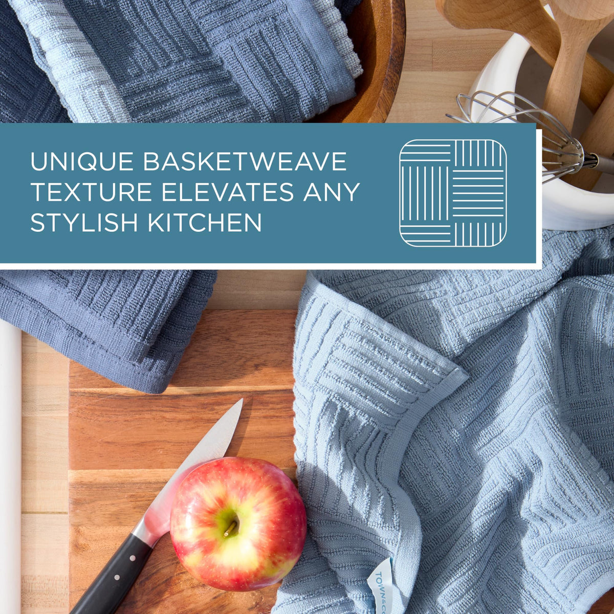 Town & Country Basics basketweave towel blue drying dishes on a rack after washing.