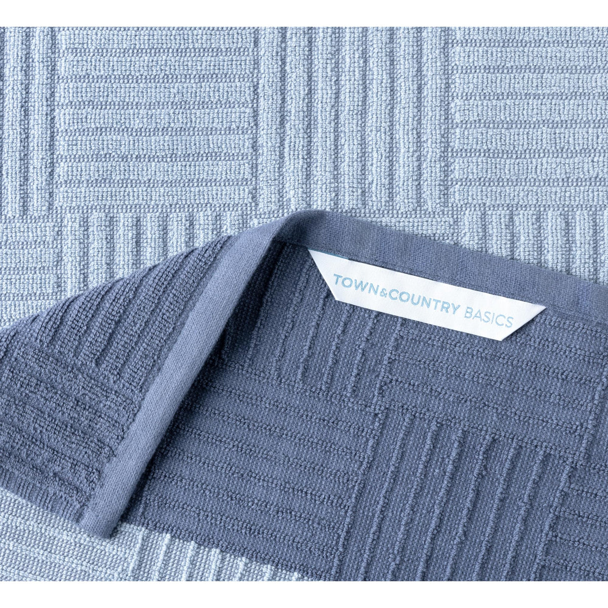 Town & Country Basics basketweave towels blue 4pack stacked neatly for kitchen display.