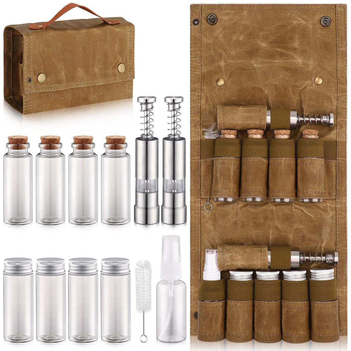 TOBWOLF camping spice kit with nine jars neatly arranged for outdoor cooking.