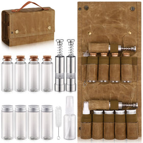 TOBWOLF camping spice kit with nine jars neatly arranged for outdoor cooking.