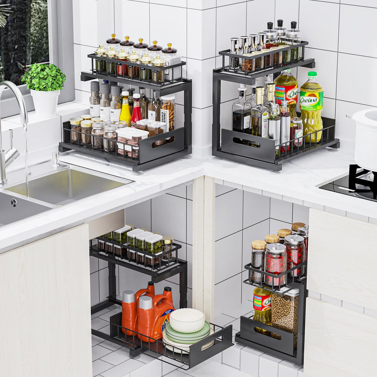 Toyear under sink organizer adjustable height adapts to different bottle sizes