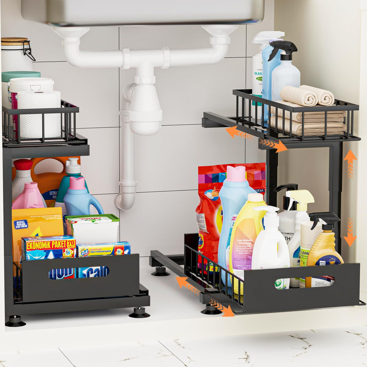 Toyear under sink organizer front view showing two sliding baskets for easy access