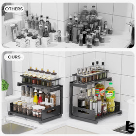 Toyear under sink organizer two-tier system highlighting expanded storage in narrow cabinets