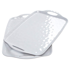TP large white serving tray with handles for easy transport of hot dishes.
