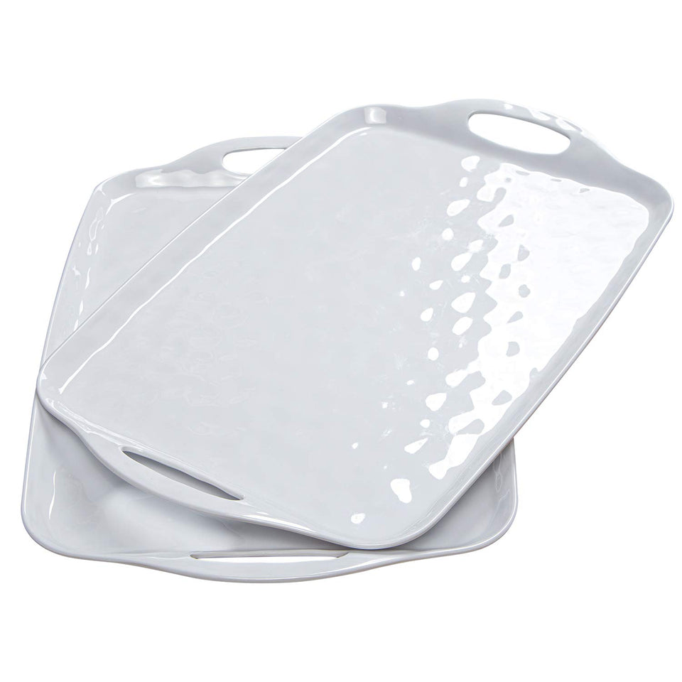TP large white serving tray with handles for easy transport of hot dishes.