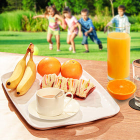 TP melamine trays are food-safe and not oven safe.